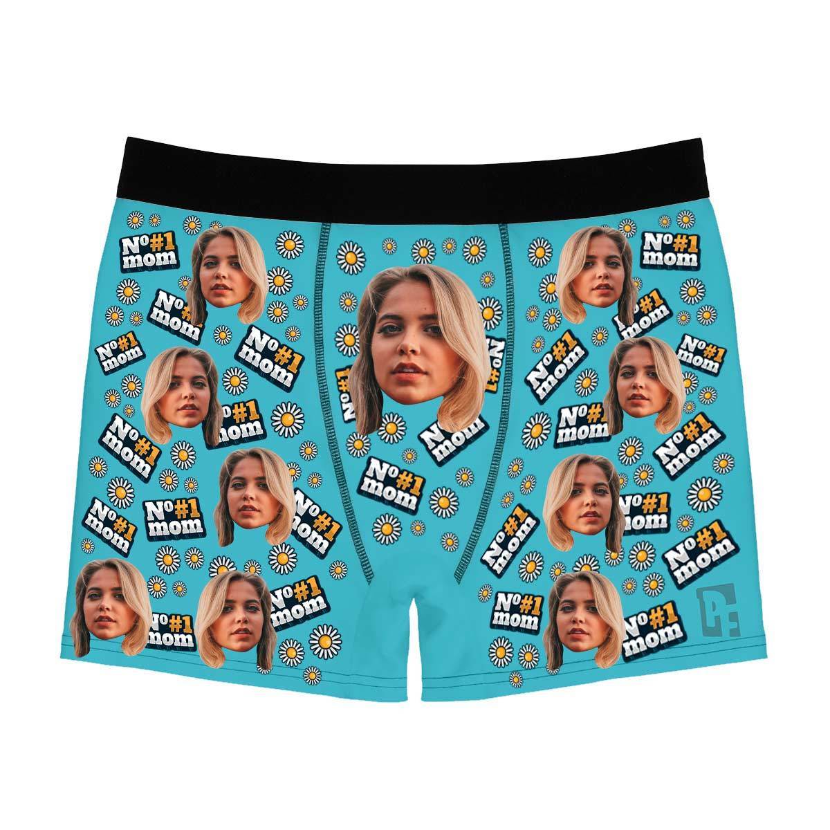 Blue #1 Mom men's boxer briefs personalized with photo printed on them
