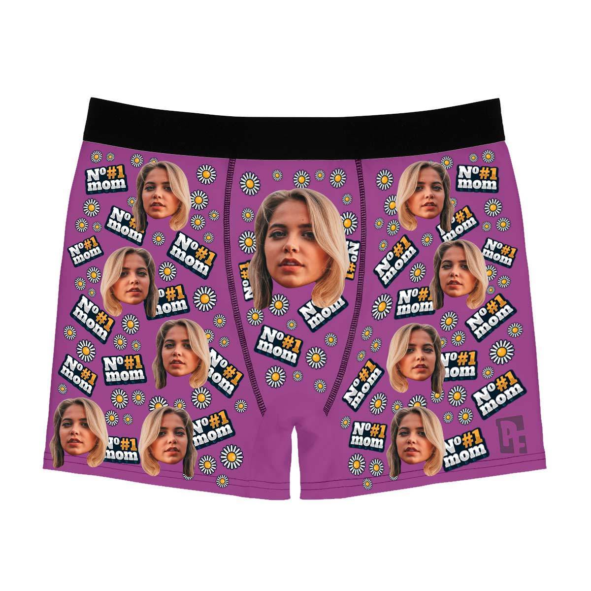 Purple #1 Mom men's boxer briefs personalized with photo printed on them