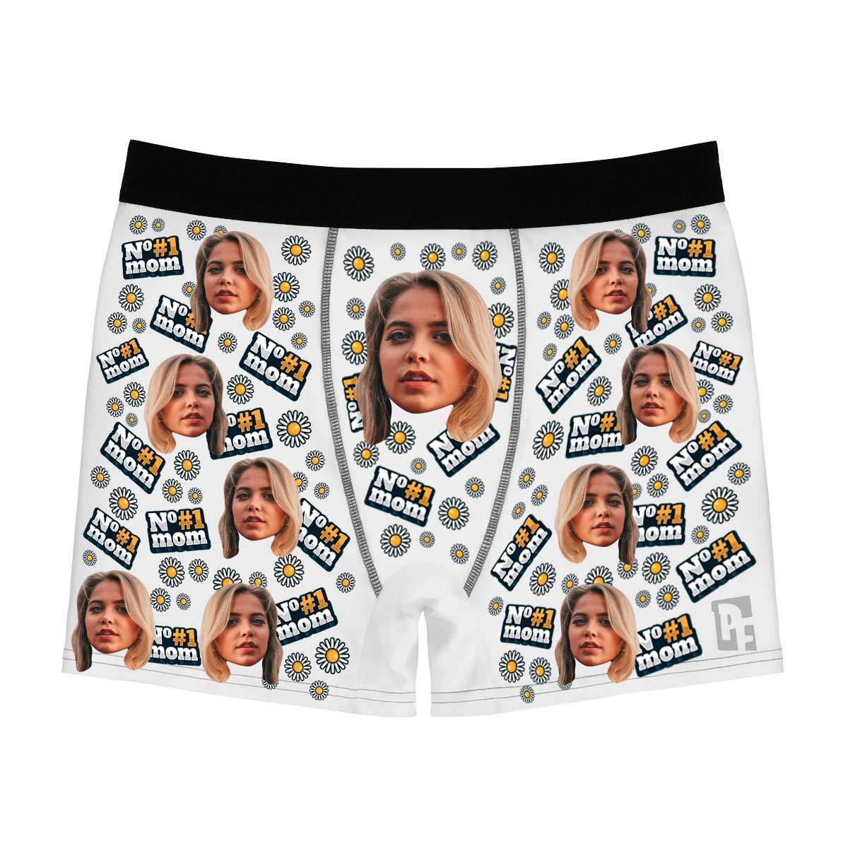 White #1 Mom men's boxer briefs personalized with photo printed on them