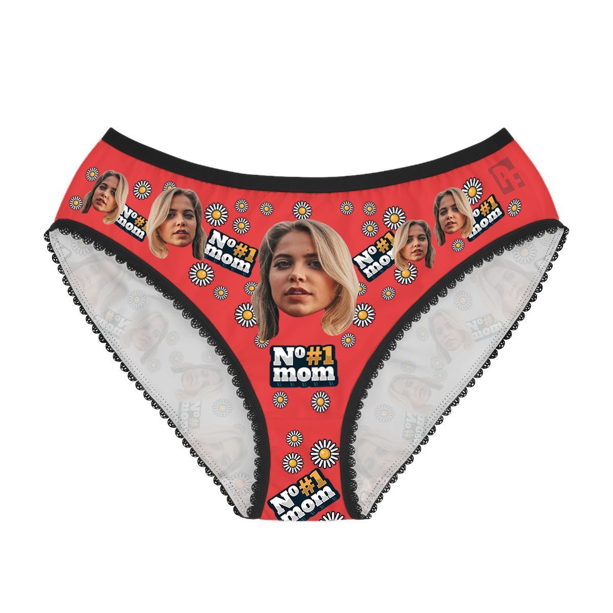 Red #1 Mom women's underwear briefs personalized with photo printed on them