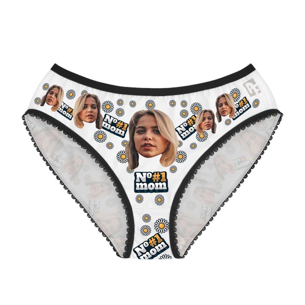 White #1 Mom women's underwear briefs personalized with photo printed on them