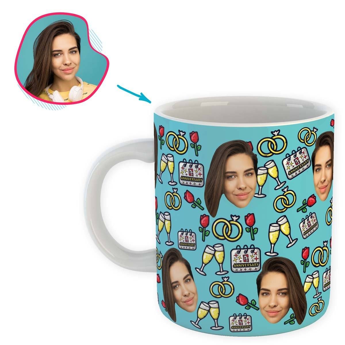 Blue Anniversary personalized mug with photo of face printed on it