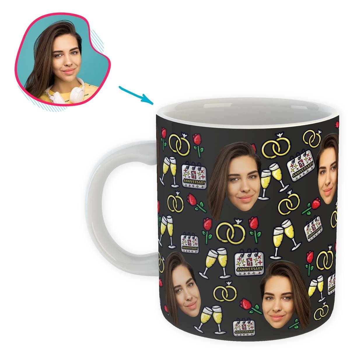Dark Anniversary personalized mug with photo of face printed on it