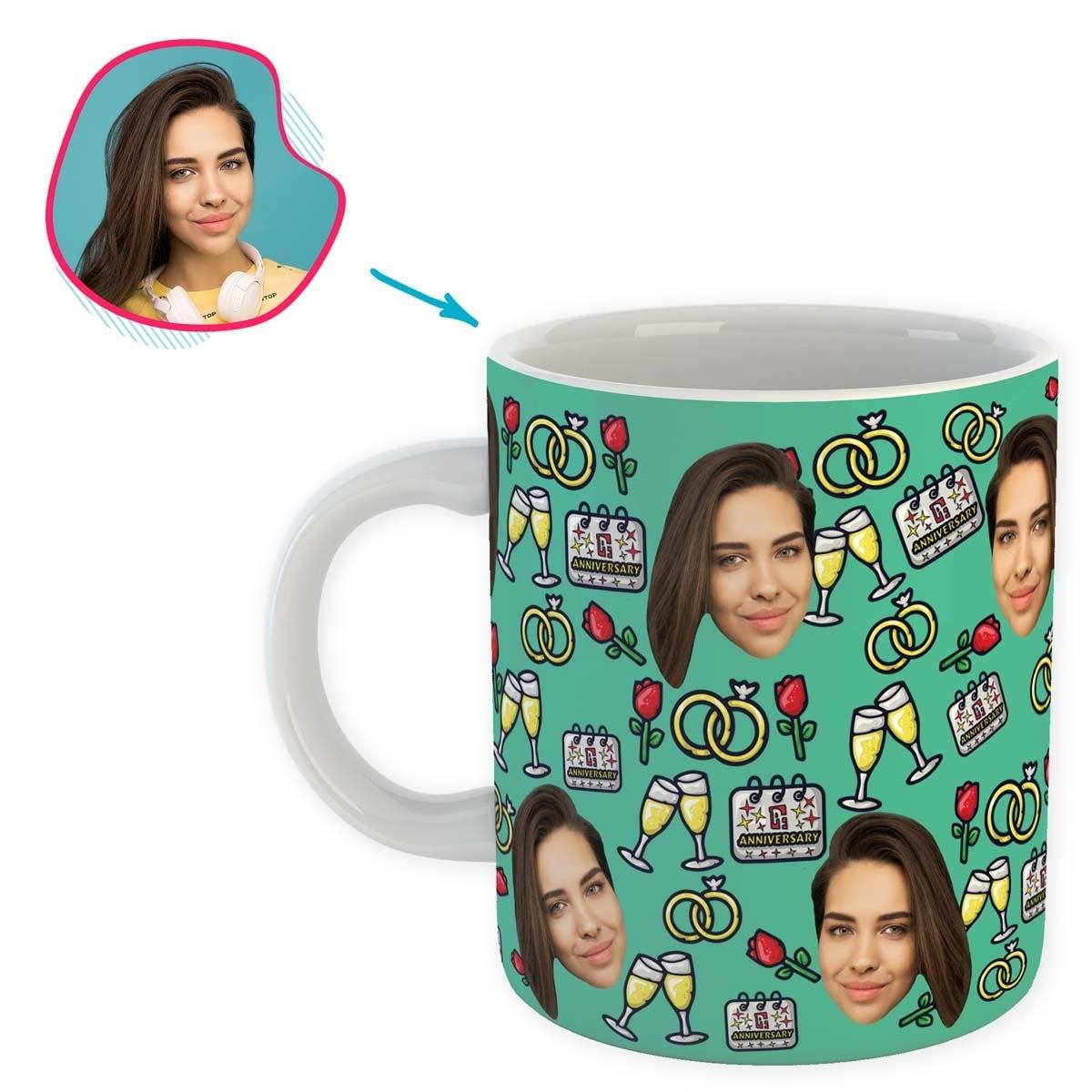 Mint Anniversary personalized mug with photo of face printed on it