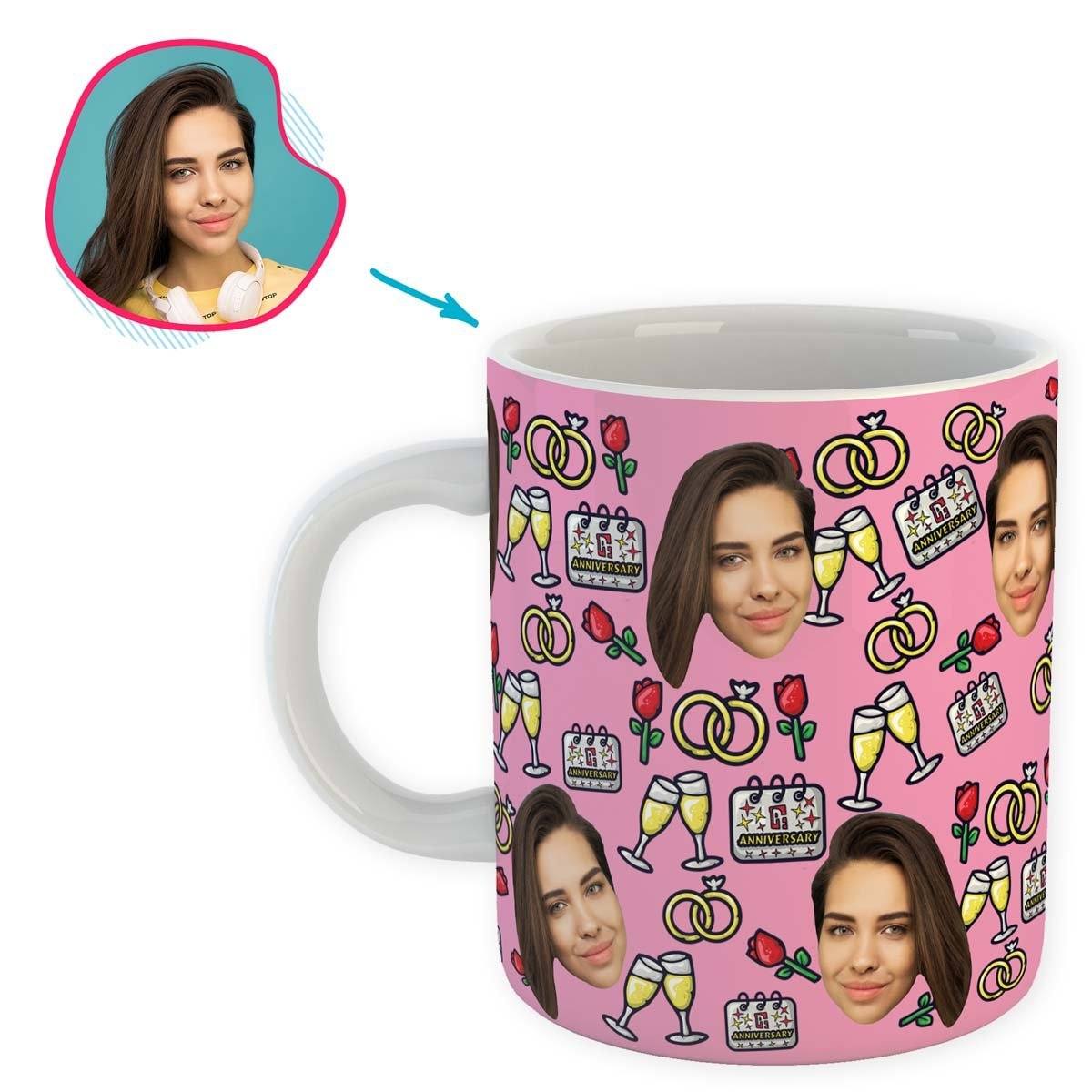 Pink Anniversary personalized mug with photo of face printed on it