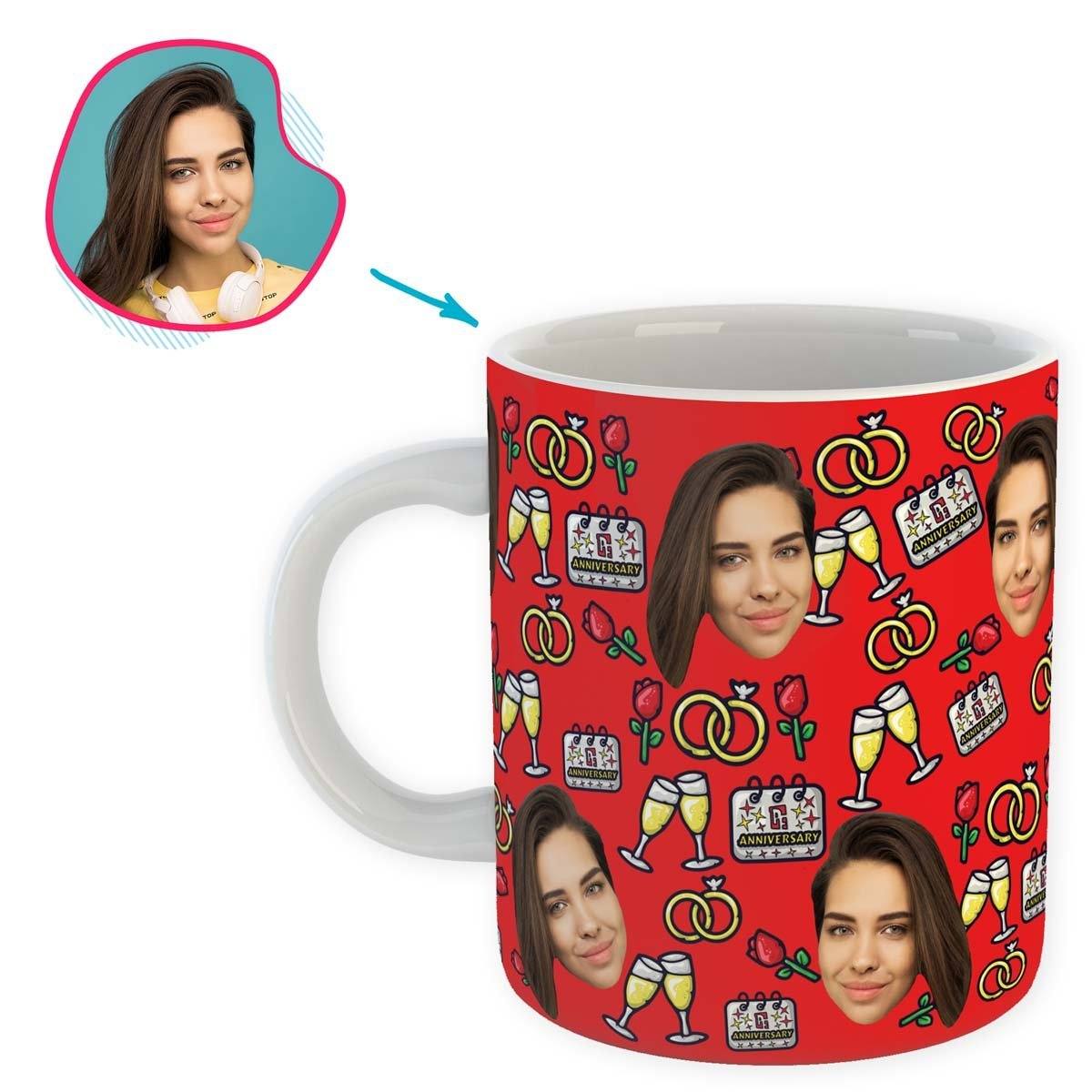 Red Anniversary personalized mug with photo of face printed on it