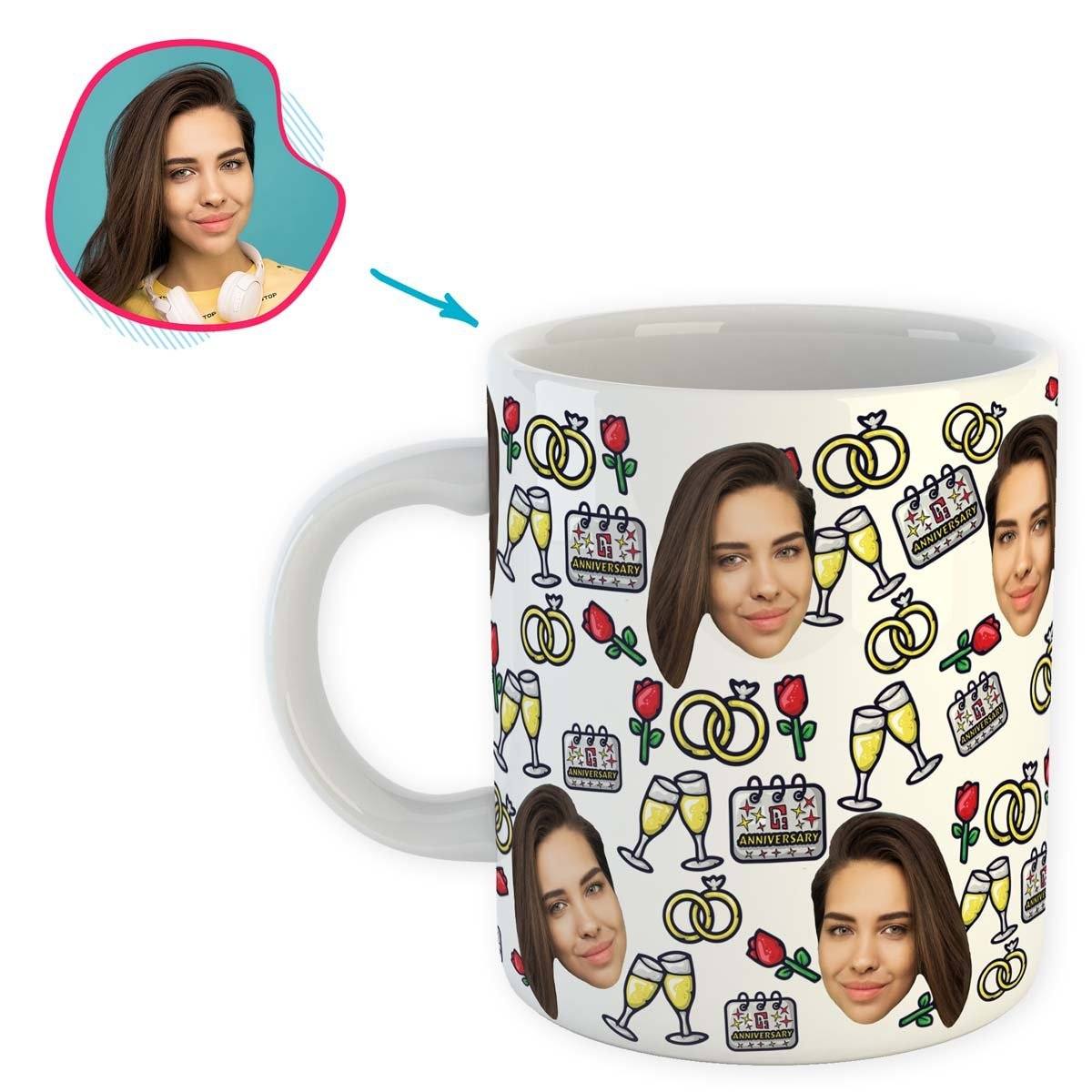 White Anniversary personalized mug with photo of face printed on it