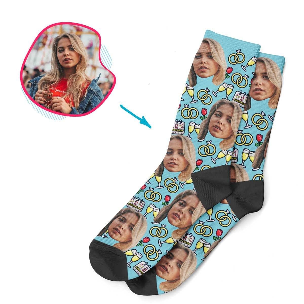 Blue Anniversary personalized socks with photo of face printed on them