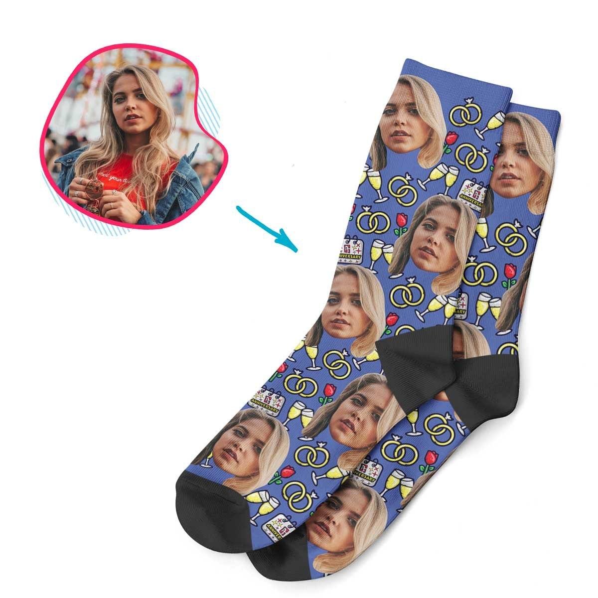 Darkblue Anniversary personalized socks with photo of face printed on them