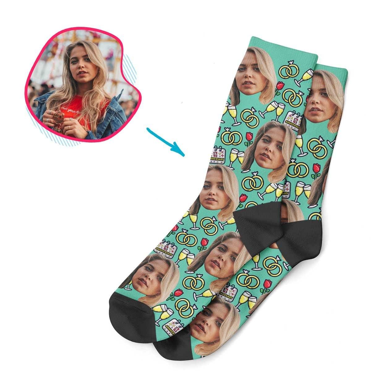 Mint Anniversary personalized socks with photo of face printed on them