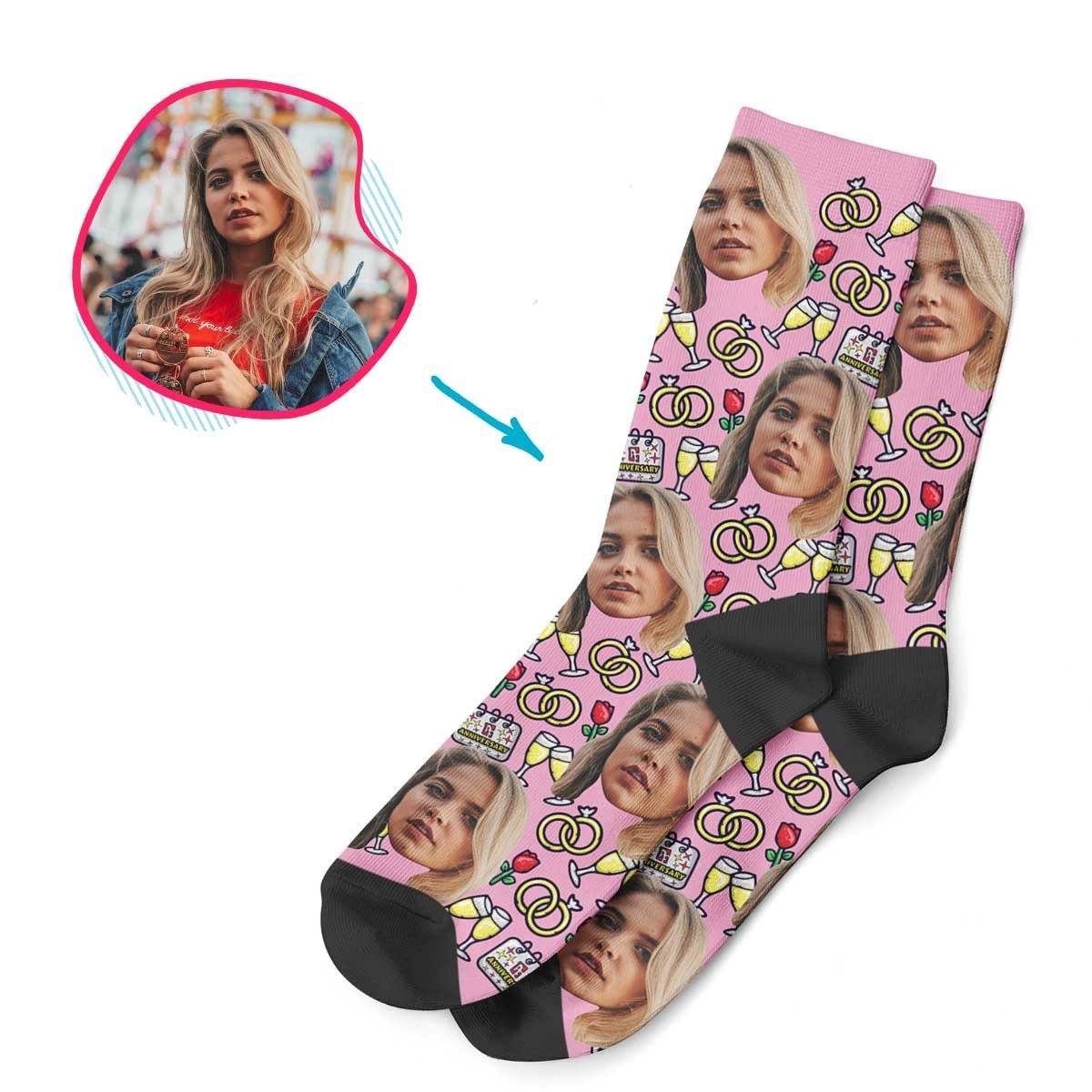 Pink Anniversary personalized socks with photo of face printed on them