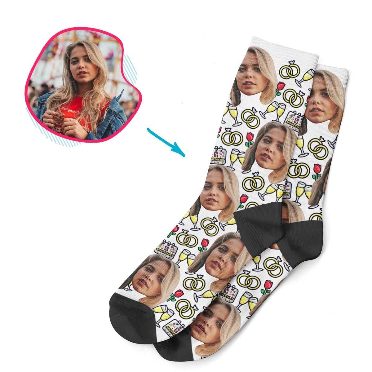 White Anniversary personalized socks with photo of face printed on them