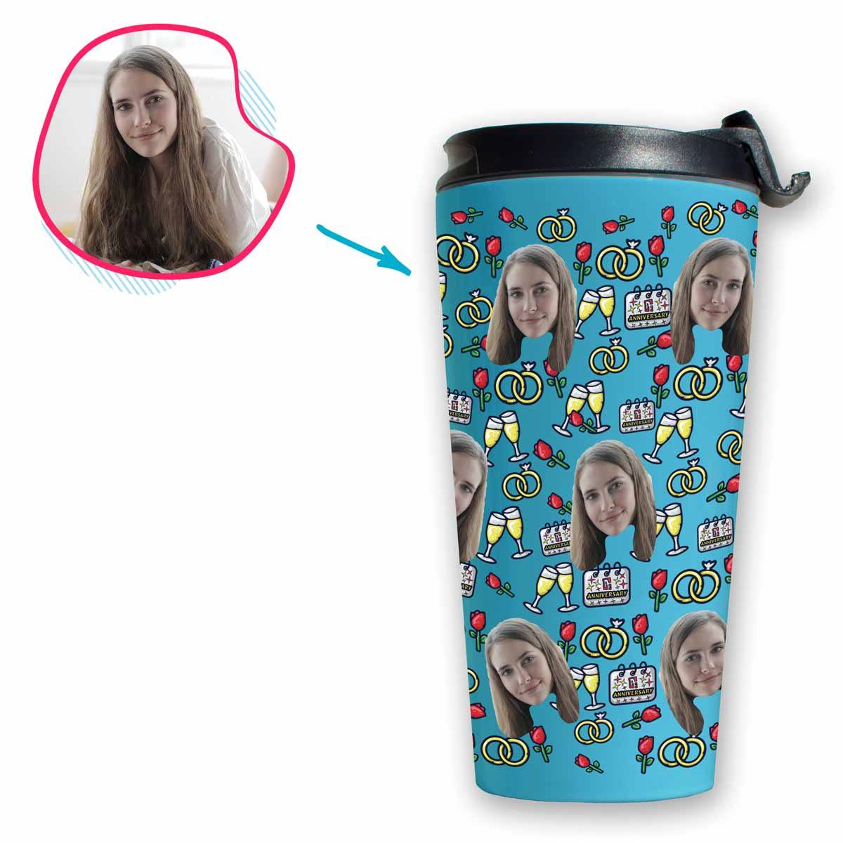 Blue Anniversary personalized travel mug with photo of face printed on it