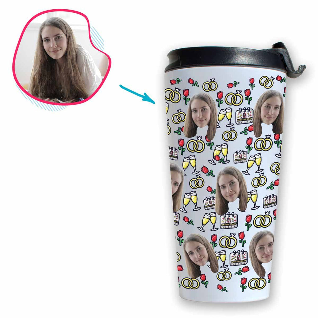 White Anniversary personalized travel mug with photo of face printed on it