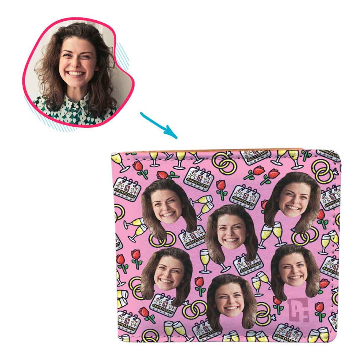 Pink Anniversary personalized wallet with photo of face printed on it