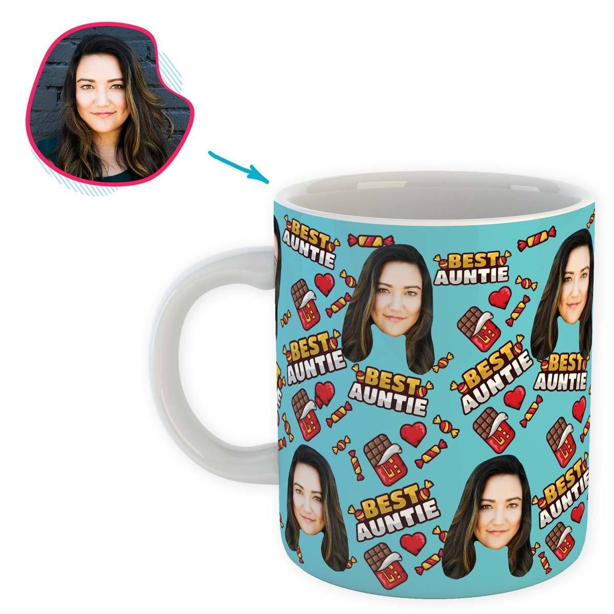 Blue Auntie personalized mug with photo of face printed on it