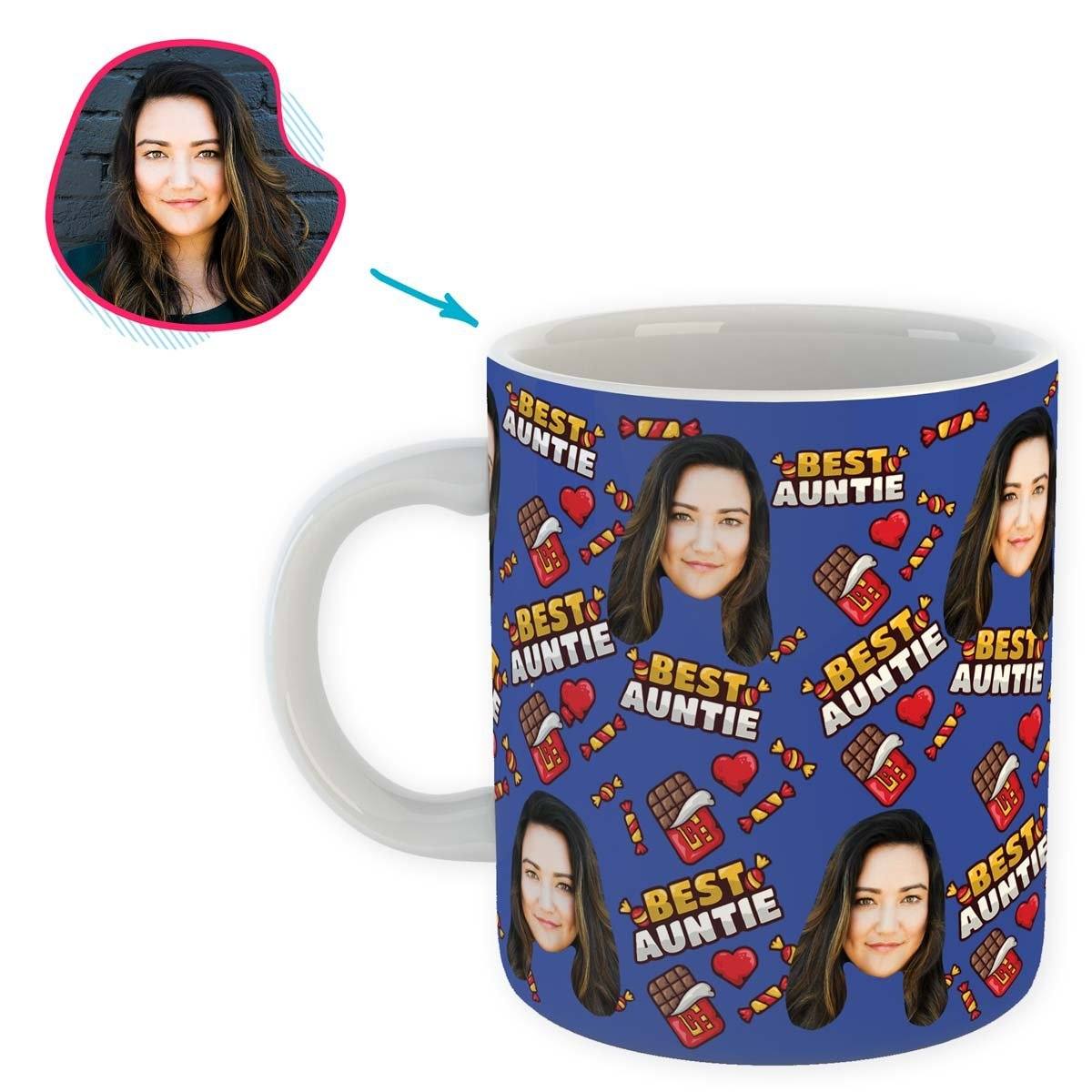 Darkblue Auntie personalized mug with photo of face printed on it