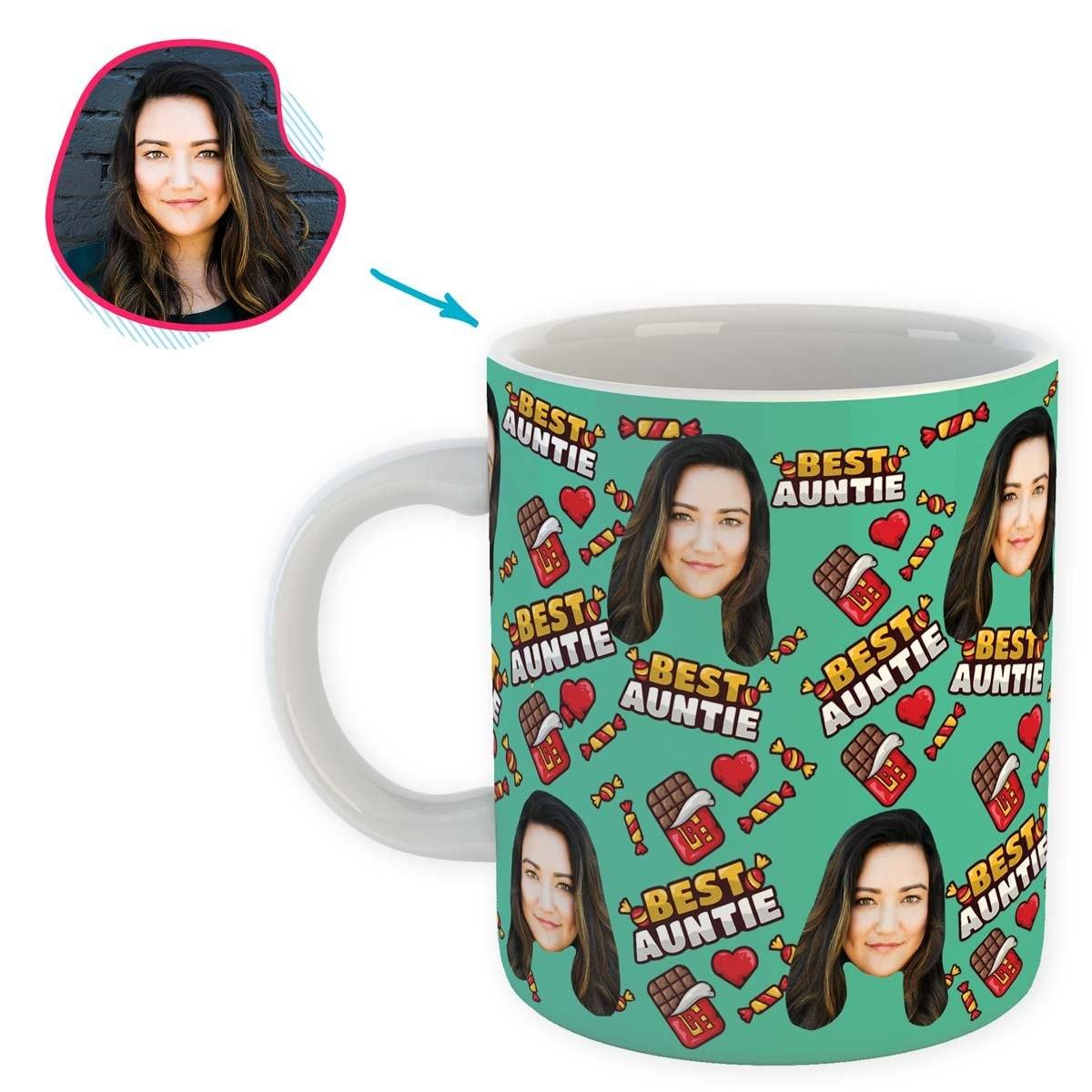 Mint Auntie personalized mug with photo of face printed on it