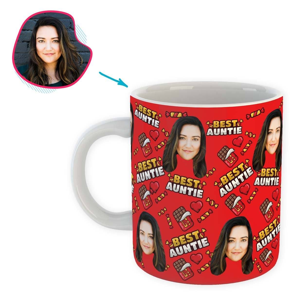 Red Auntie personalized mug with photo of face printed on it