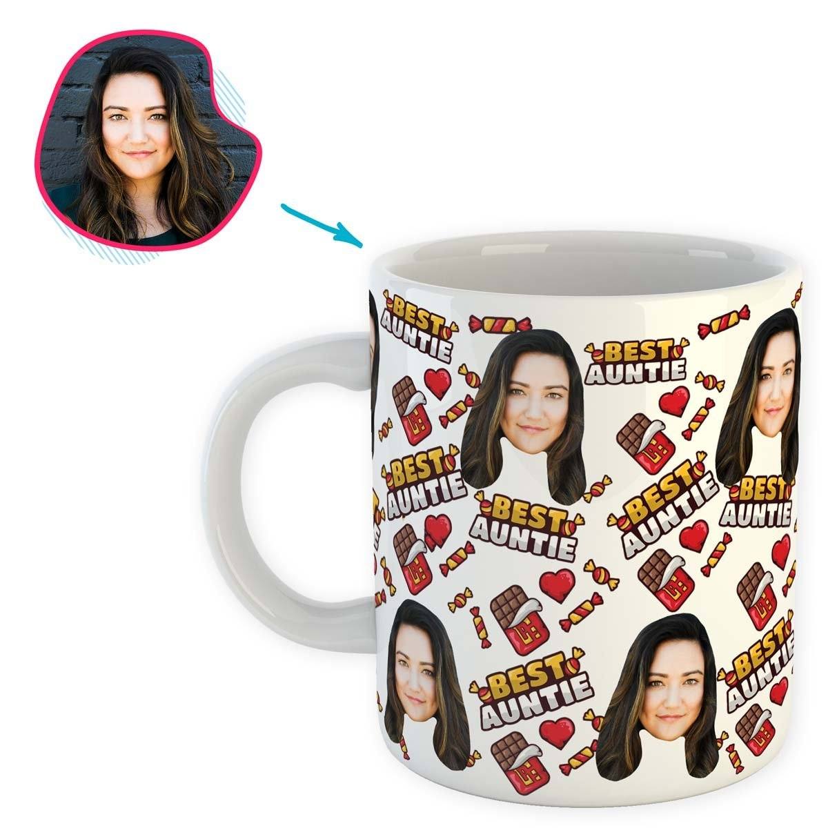 White Auntie personalized mug with photo of face printed on it