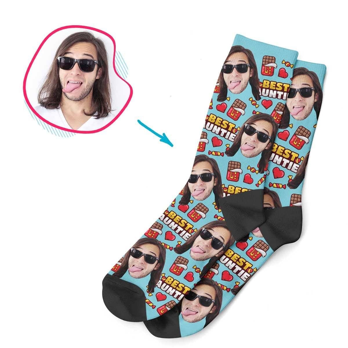 Blue Auntie personalized socks with photo of face printed on them