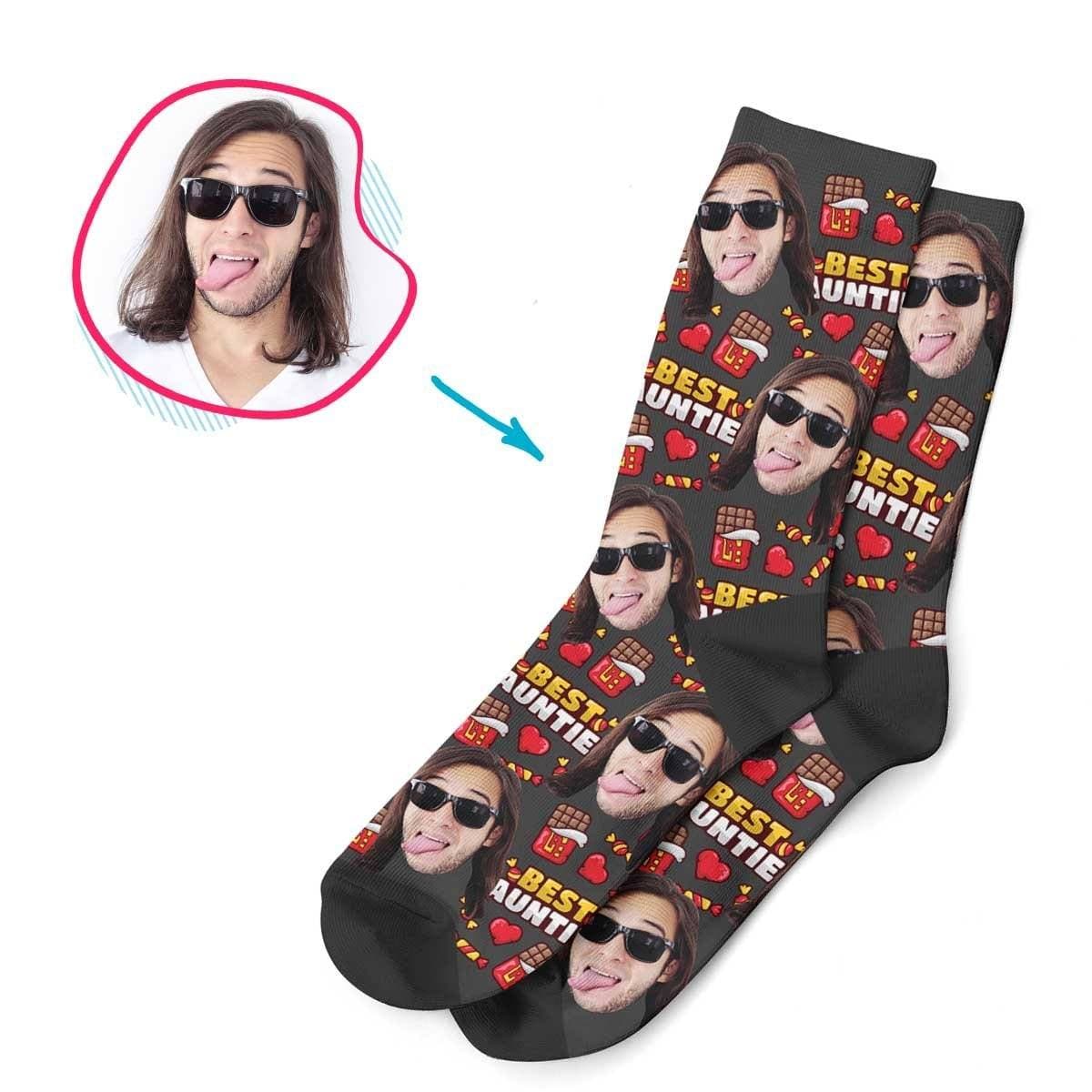 Dark Auntie personalized socks with photo of face printed on them