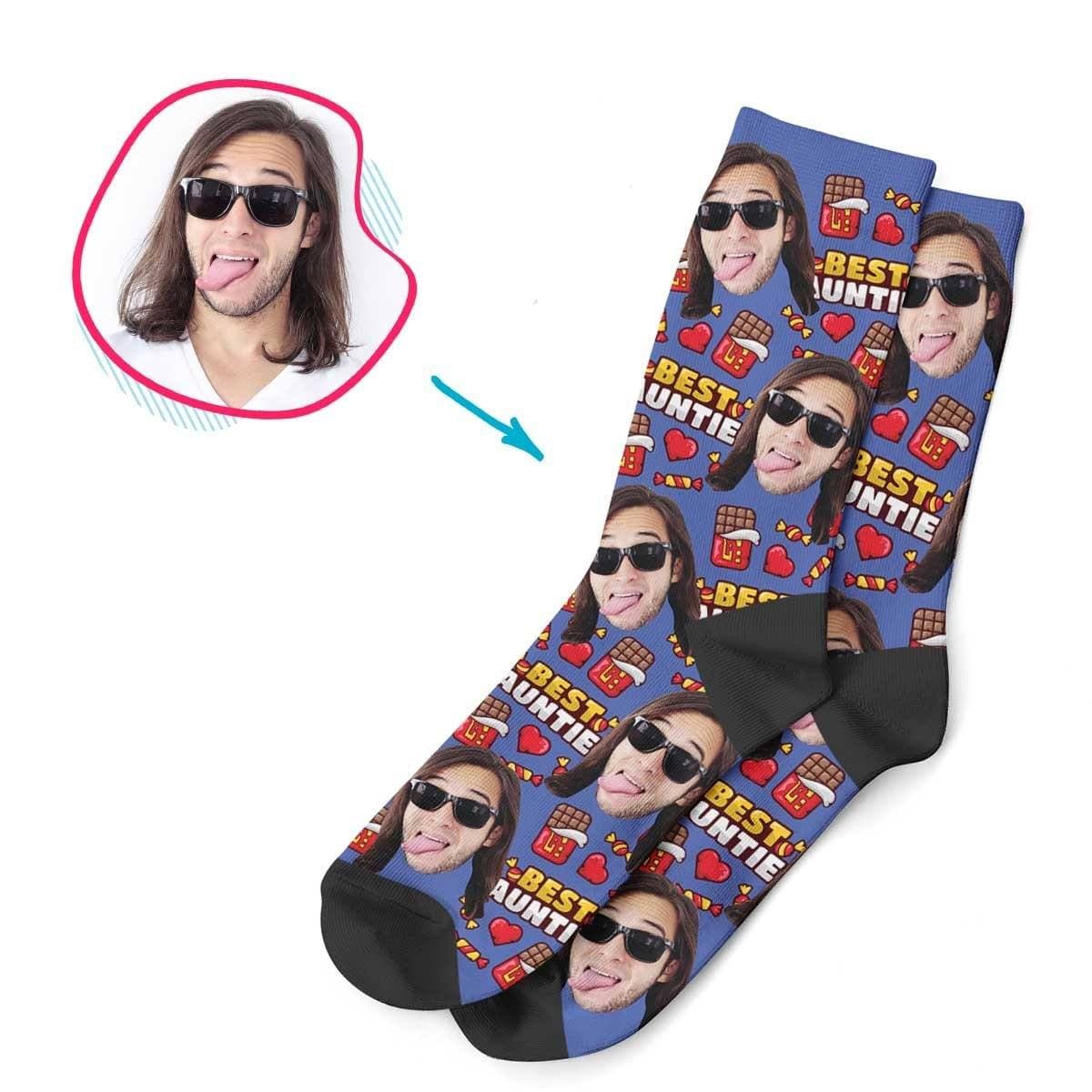 Darkblue Auntie personalized socks with photo of face printed on them