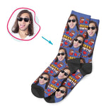 Load image into Gallery viewer, Darkblue Auntie personalized socks with photo of face printed on them
