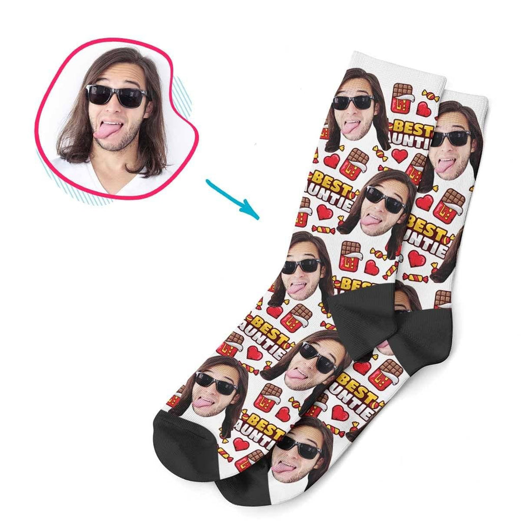 White Auntie personalized socks with photo of face printed on them