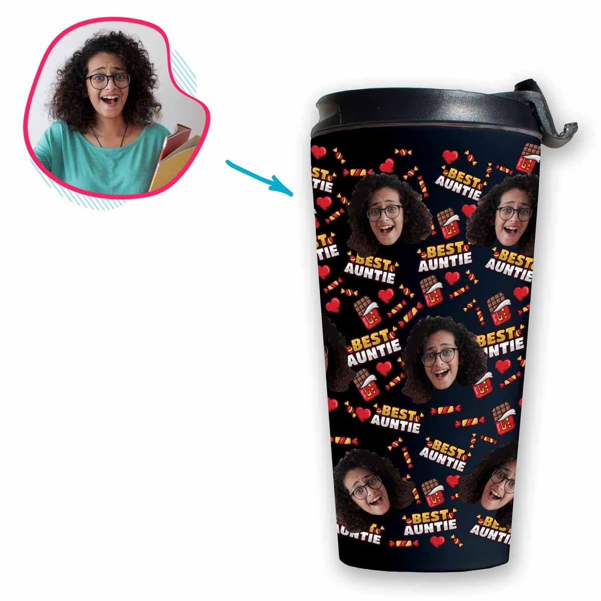 Dark Auntie personalized travel mug with photo of face printed on it
