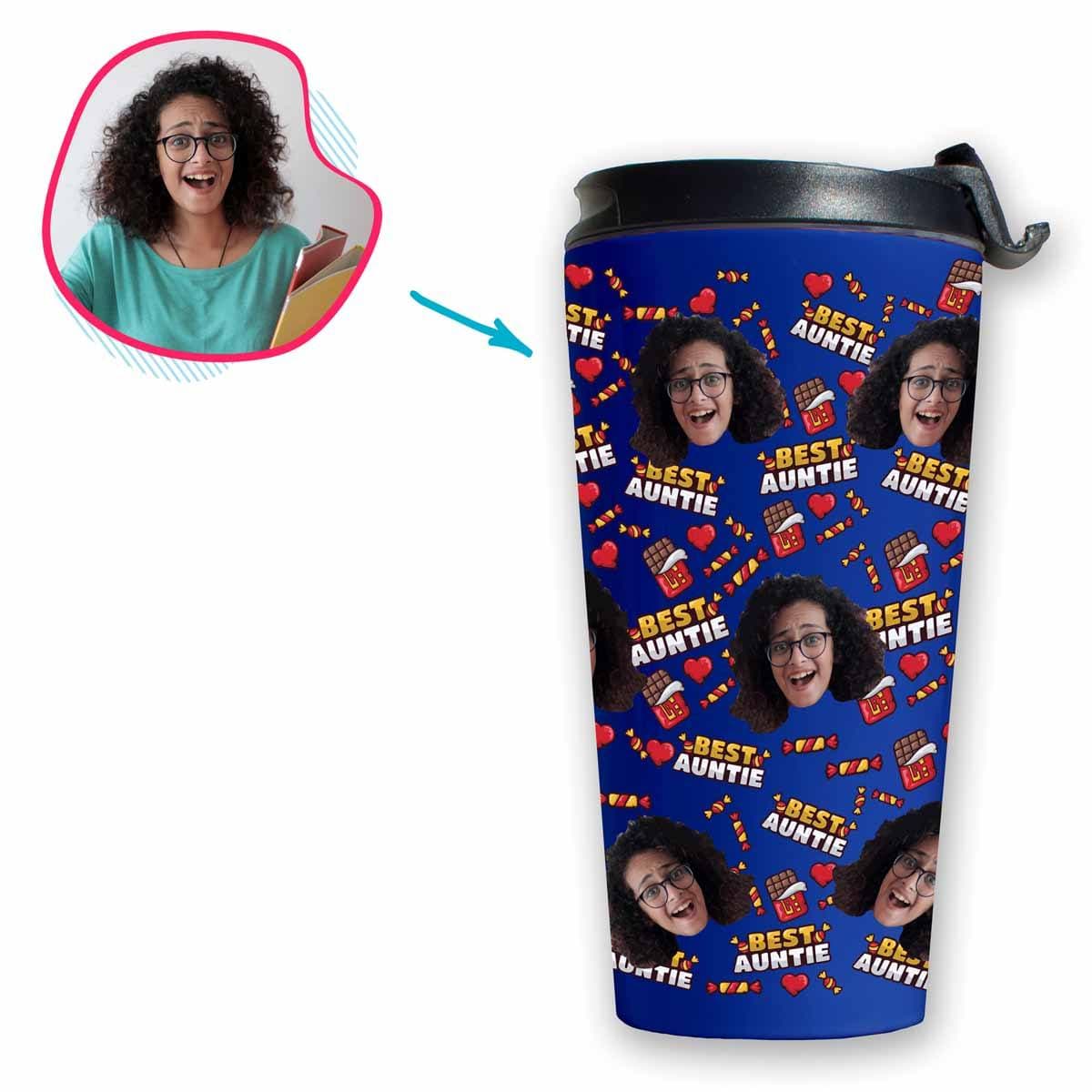 Darkblue Auntie personalized travel mug with photo of face printed on it