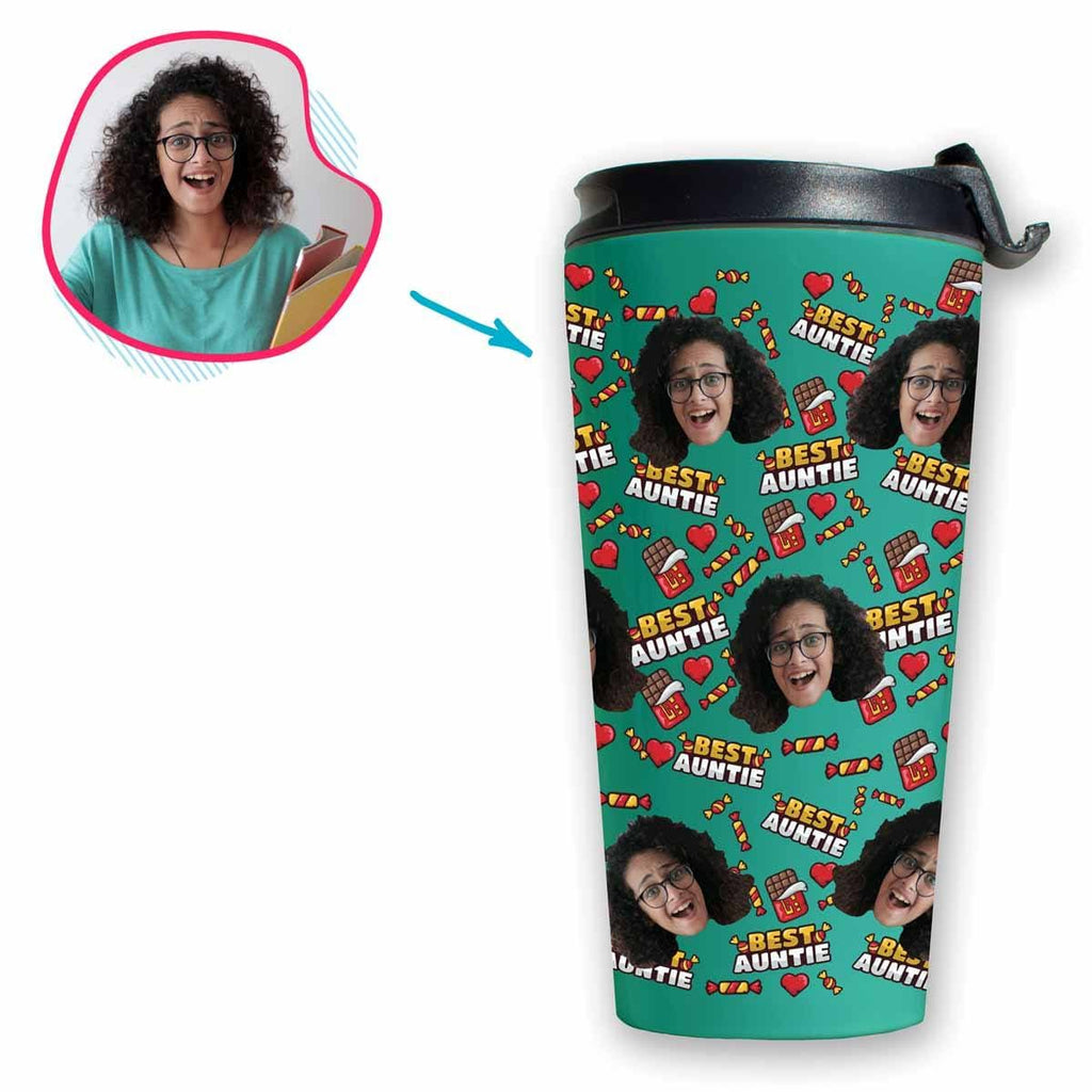 Mint Auntie personalized travel mug with photo of face printed on it