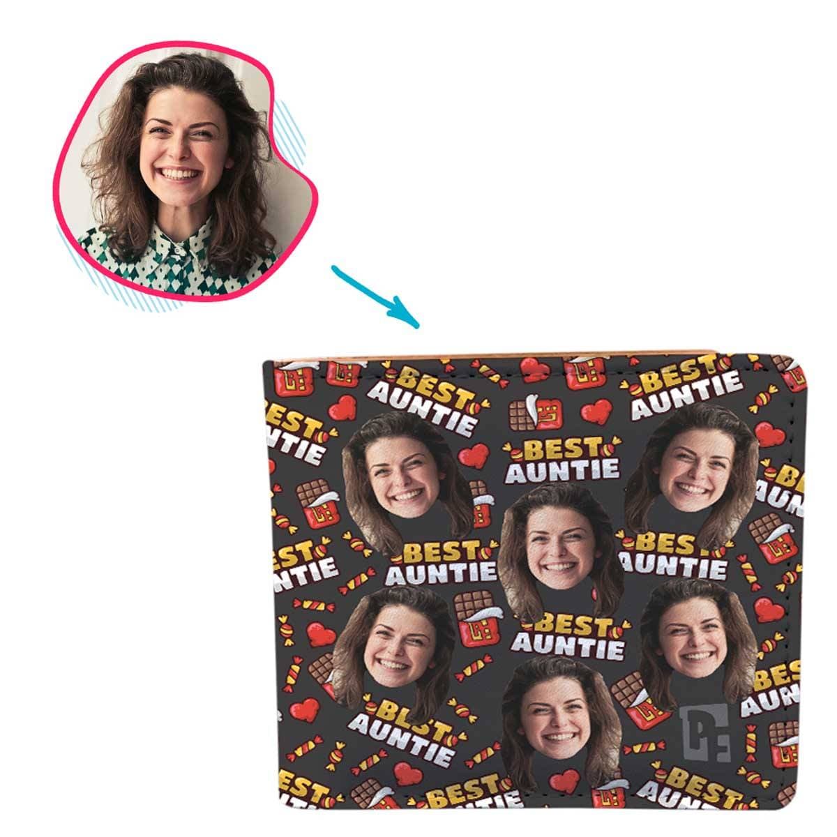 Dark Auntie personalized wallet with photo of face printed on it