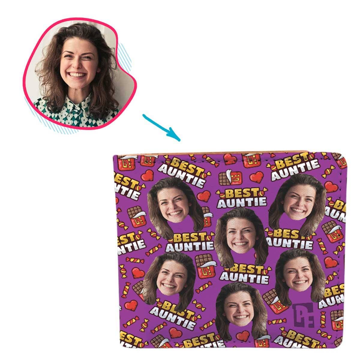 Purple Auntie personalized wallet with photo of face printed on it