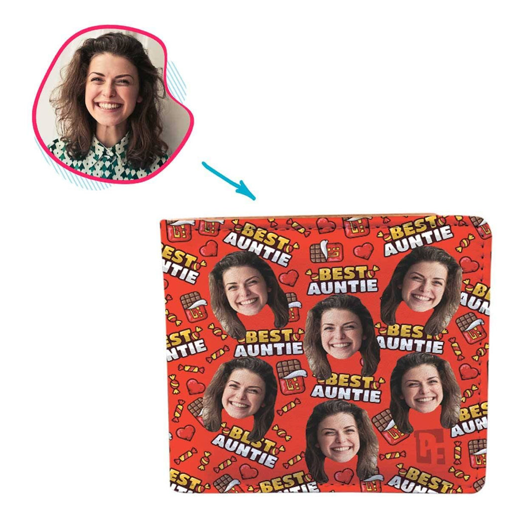 Red Auntie personalized wallet with photo of face printed on it
