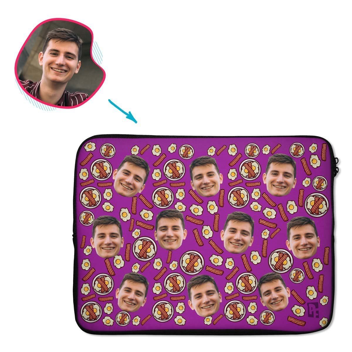 purple Bacon and Eggs laptop sleeve personalized with photo of face printed on them