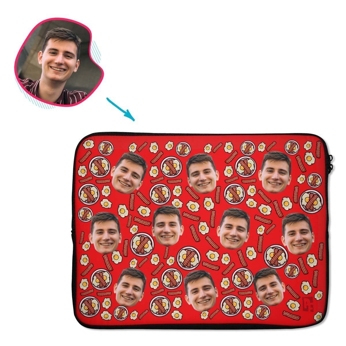 red Bacon and Eggs laptop sleeve personalized with photo of face printed on them