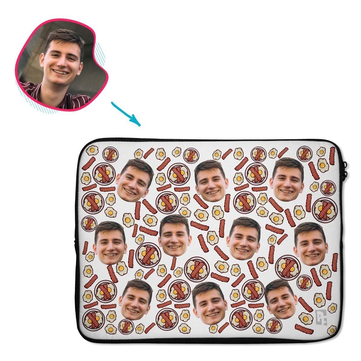 white Bacon and Eggs laptop sleeve personalized with photo of face printed on them