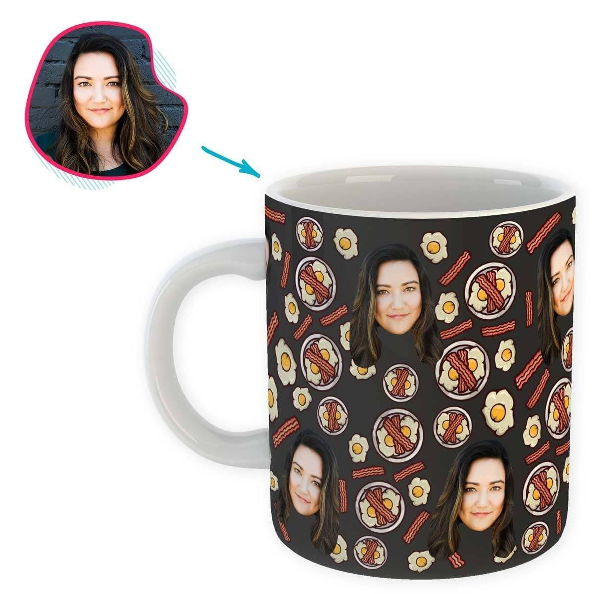 dark Bacon and Eggs mug personalized with photo of face printed on it