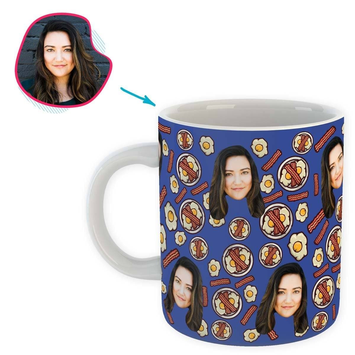 darkblue Bacon and Eggs mug personalized with photo of face printed on it