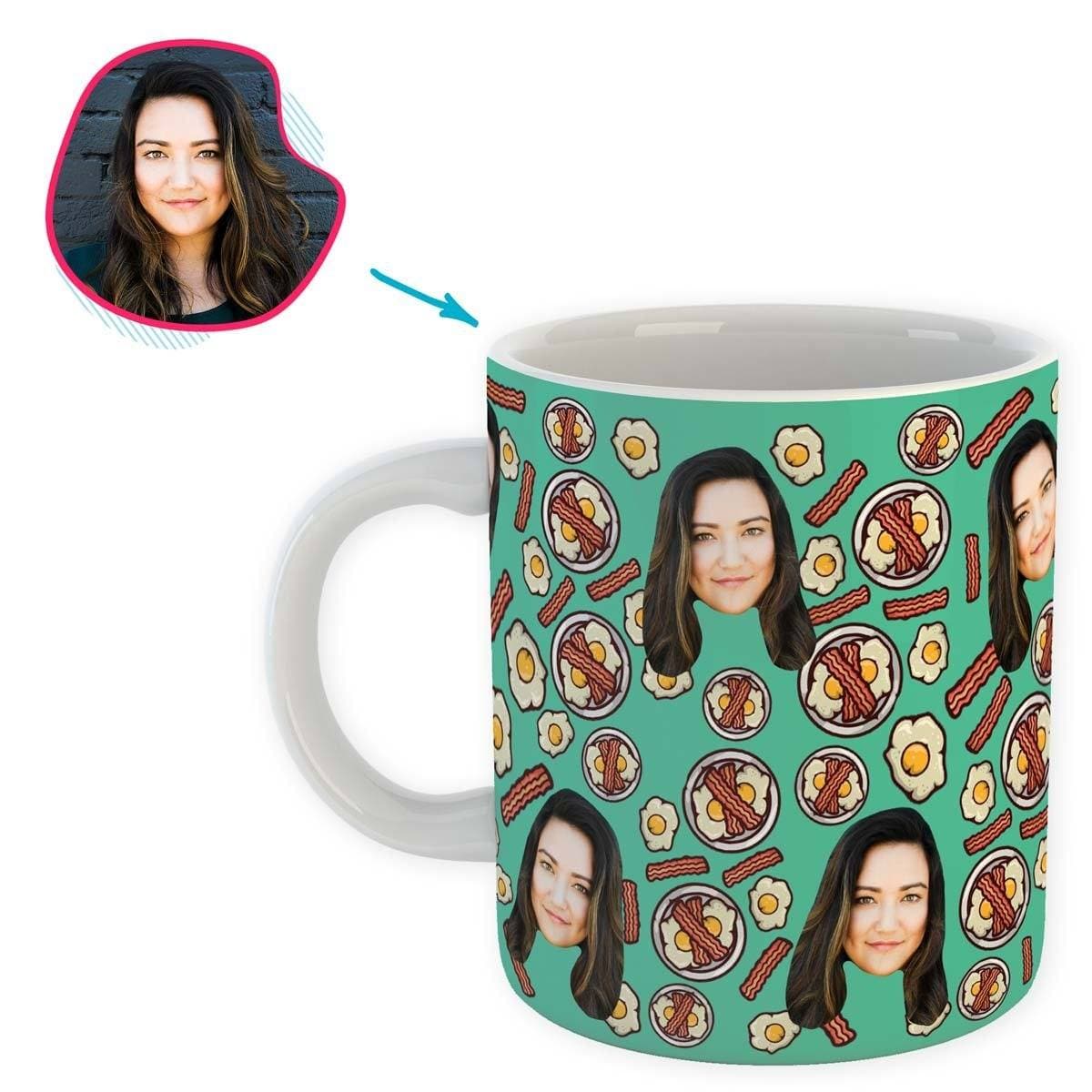 mint Bacon and Eggs mug personalized with photo of face printed on it