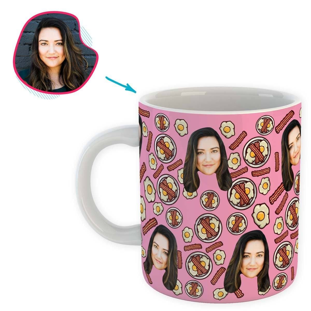 pink Bacon and Eggs mug personalized with photo of face printed on it