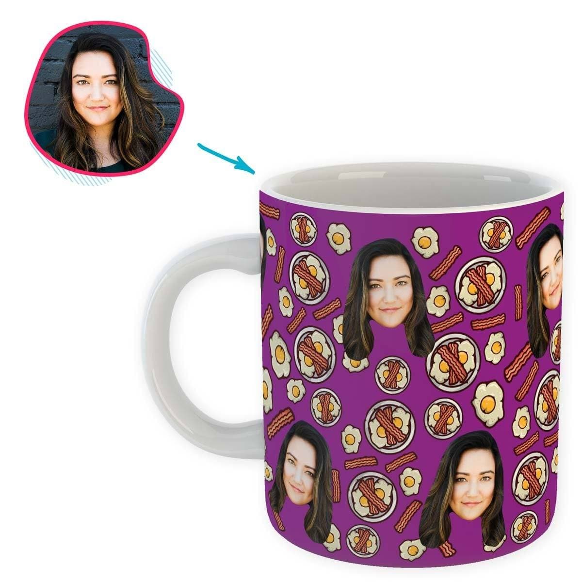 purple Bacon and Eggs mug personalized with photo of face printed on it