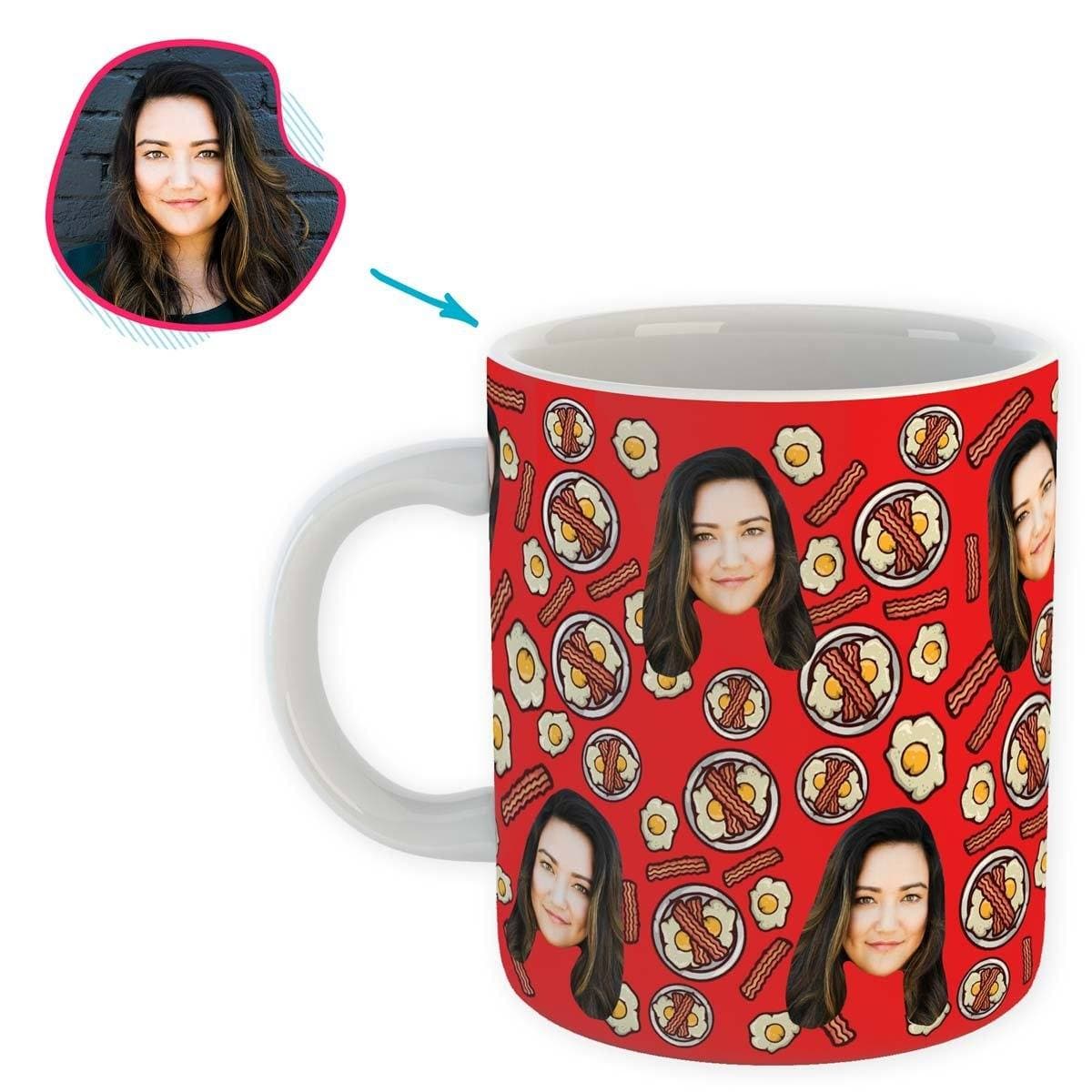 red Bacon and Eggs mug personalized with photo of face printed on it