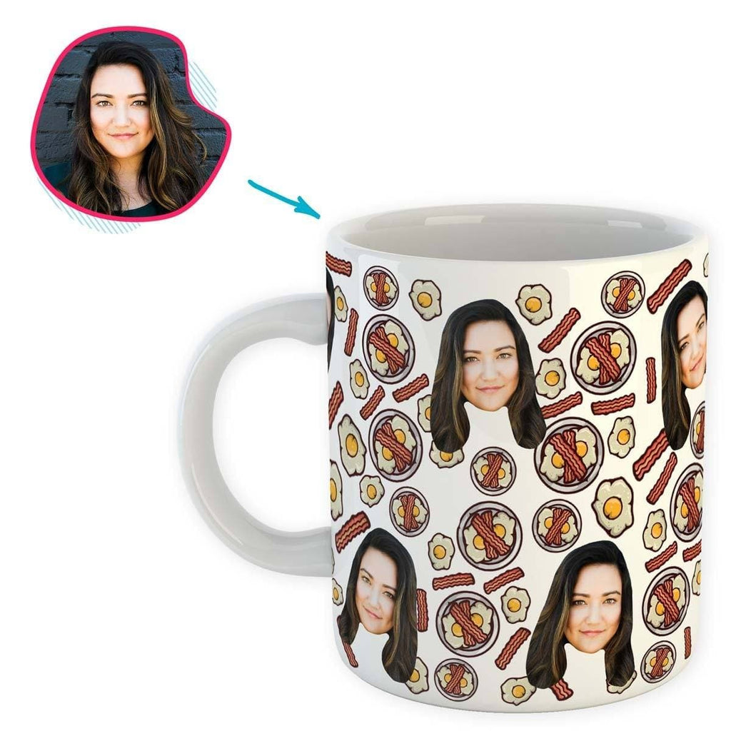 white Bacon and Eggs mug personalized with photo of face printed on it