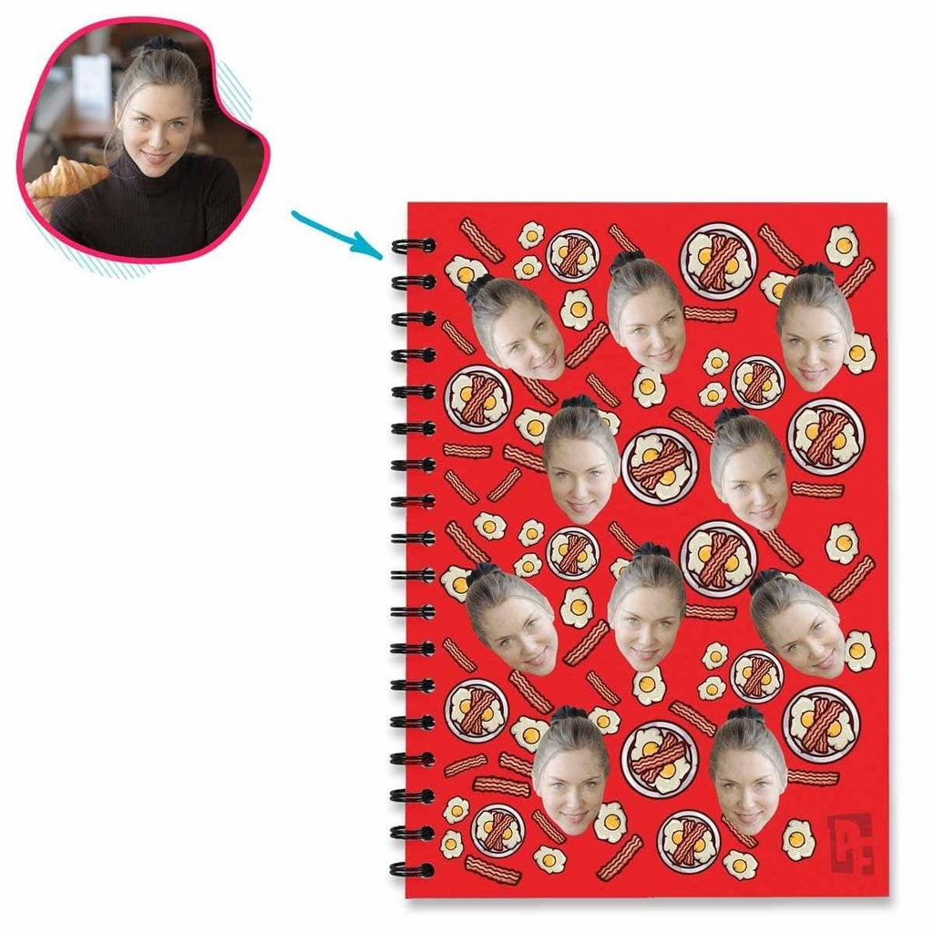red Bacon and Eggs Notebook personalized with photo of face printed on them