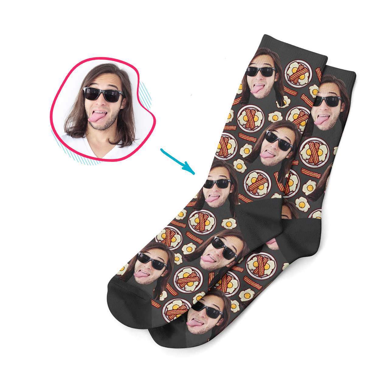 dark Bacon and Eggs socks personalized with photo of face printed on them