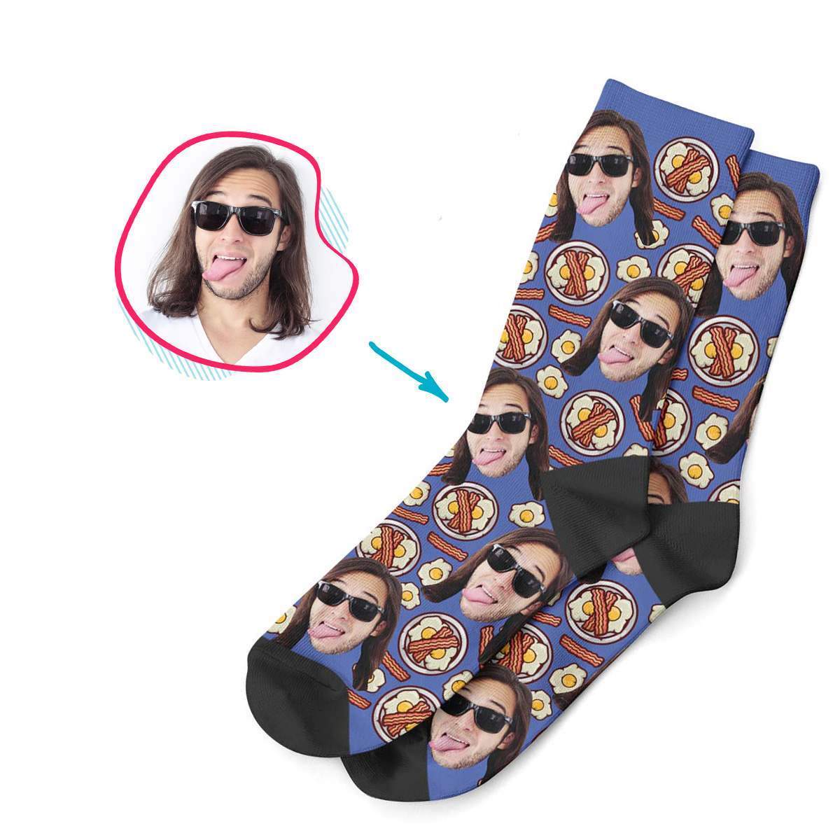 darkblue Bacon and Eggs socks personalized with photo of face printed on them