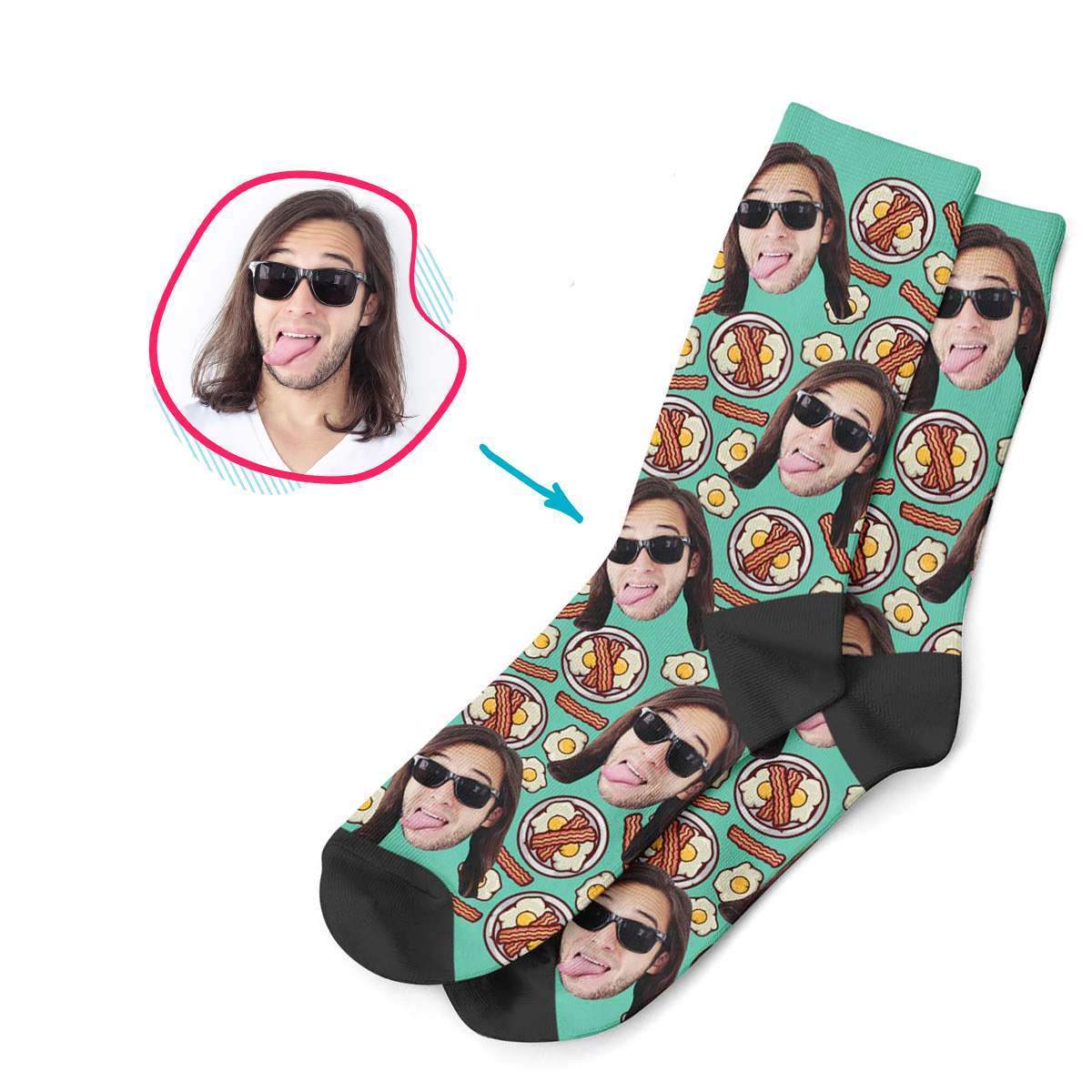 mint Bacon and Eggs socks personalized with photo of face printed on them