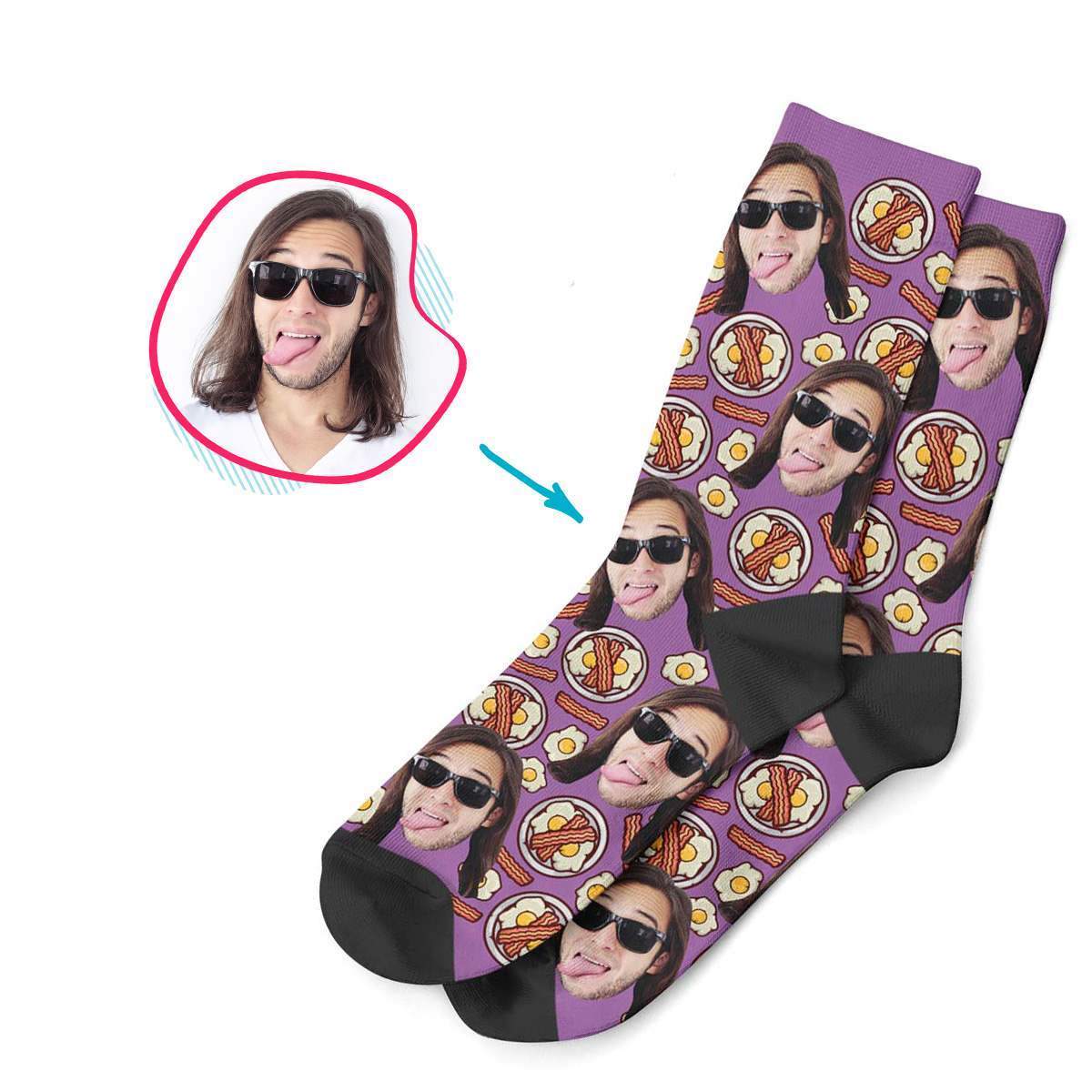 purple Bacon and Eggs socks personalized with photo of face printed on them